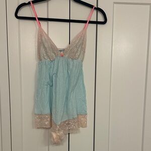 Eberjey Lace Trim Chemise - Light Blue and Beige
